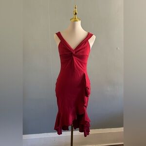 Leyva’s Red Asymmetrical Ruched Cocktail Dress | Size: M